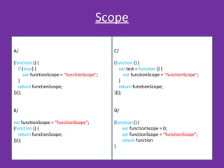 SCOPE
A/
(function () {
if (true) {
var functionScope = "functionScope";
}
return functionScope;
})();
B/
var functionScope = "functionScope";
(function () {
return functionScope;
})();
C/
(function () {
var test = function () {
var functionScope = "functionScope";
}
return functionScope;
})();
D/
(function () {
var functionScope = 0;
var functionScope = “functionScope”;
return function
}
 