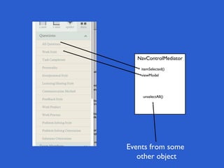 NavControlMediator
    itemSelected()
    viewModel




     unselectAll()




Events from some
   other object
 