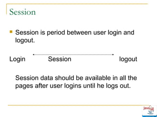 Session


Session is period between user login and
logout.

Login

Session

logout

Session data should be available in all the
pages after user logins until he logs out.

 
