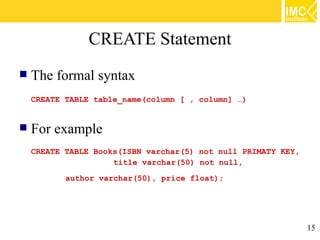 CREATE Statement
   The formal syntax
    CREATE TABLE table_name(column [ , column] …)


   For example
    CREATE TABLE Books(ISBN varchar(5) not null PRIMATY KEY,
                     title varchar(50) not null,
           author varchar(50), price float);




                                                               15
 
