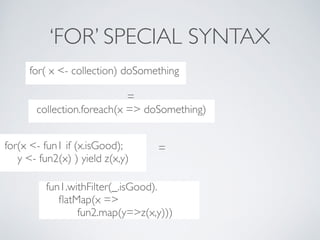 ..??***8dccollection.foreach(x => doSomething)
‘FOR’ SPECIAL SYNTAX
..??***8dcfor( x <- collection) doSomething
=
..??***8dc
for(x <- fun1 if (x.isGood);
y <- fun2(x) ) yield z(x,y)
=
..??***8dc
fun1.withFilter(_.isGood).
ﬂatMap(x =>
fun2.map(y=>z(x,y)))
 