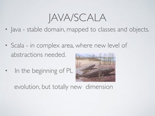 JAVA/SCALA
• Java - stable domain, mapped to classes and objects.
• Scala - in complex area, where new level of
abstractions needed.
• In the beginning of PL
evolution, but totally new dimension
 