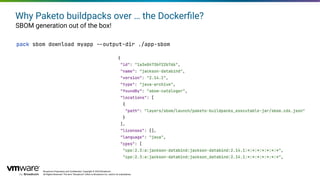 Broadcom Proprietary and Conﬁdential. Copyright © 2024 Broadcom.
All Rights Reserved. The term “Broadcom” refers to Broadcom Inc. and/or its subsidiaries.
Why Paketo buildpacks over … the Dockerﬁle?
SBOM generation out of the box!
pack sbom download myapp --output-dir ./app-sbom
 