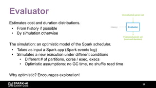 Evaluator
Estimates cost and duration distributions.
• From history if possible
• By simulation otherwise
The simulation: an optimistic model of the Spark scheduler.
• Takes as input a Spark app (Spark events log)
• Simulates a new execution under different conditions
• Different # of partitions, cores / exec, execs
• Optimistic assumptions: no GC time, no shuffle read time
Why optimistic? Encourages exploration!
31
Evaluator
Unevaluated param set
Evaluated param set
(cost and duration)
History
 