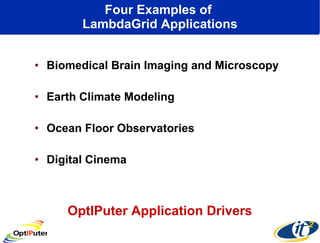 Four Examples of  LambdaGrid Applications Biomedical Brain Imaging and Microscopy Earth Climate Modeling Ocean Floor Observatories Digital Cinema OptIPuter Application Drivers 