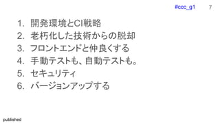 #ccc_g1
published
1. 開発環境とCI戦略
2. 老朽化した技術からの脱却
3. フロントエンドと仲良くする
4. 手動テストも、自動テストも。
5. セキュリティ
6. バージョンアップする
7
 