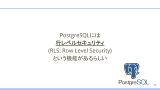PostgreSQLには
行レベルセキュリティ
(RLS: Row Level Security)
という機能があるらしい
18
 