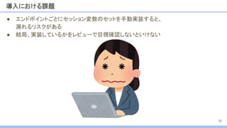 ● エンドポイントごとにセッション変数のセットを手動実装すると、
漏れるリスクがある
● 結局、実装しているかをレビューで目視確認しないといけない
導入における課題
30
 