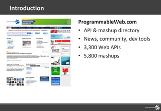 Introduction ProgrammableWeb.com API & mashup directory News, community, dev tools 3,300 Web APIs  5,800 mashups 