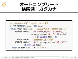 MariaDBとMroongaで作る 全言語対応 超高速全文検索システム Powered by Rabbit 2.2.2
オートコンプリート
検索例：カタカナ
-- ユーザーが「ギュウ」を入力した場合
SELECT DISTINCT(term) FROM terms
WHERE MATCH (reading) -- ヨミガナ前方一致検索（ヒット）
AGAINST (CONCAT('*SS prefix_rk_search(reading, ',
mroonga_escape('ギュウ' AS script),
')') IN BOOLEAN MODE) OR
MATCH (term) -- 候補を緩く全文検索
AGAINST (CONCAT('*D+ ', mroonga_escape('ギュウ')))
IN BOOLEAN MODE)
ORDER BY term LIMIT 10; -- ソート
 