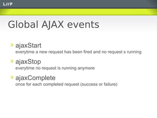 Global AJAX events

 ajaxStart
 everytime a new request has been fired and no request s running

 ajaxStop
 everytime no request is running anymore

 ajaxComplete
 once for each completed request (success or failure)
 