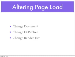 Altering Page Load


                       • Change Document
                       • Change DOM Tree
                       • Change Render Tree




Friday, April 12, 13
 
