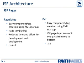 JSF Architecture
Web Technologies8
JSF Pages
Faceletes
 Easy component/tag
creation using XML markup
 Page templating
 Reduces time and effort for
development and
deployment
 .xhtml
JSP
 Easy component/tag
creation using XML
markup
 JSP page is processed in
one pass from top to
bottom
 .jsp
 