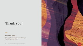 Copyright © 2019 Oracle and/or its affiliates.14
Thank you!
Norvald H. Ryeng
Software Development Senior Manager
MySQL Optimizer Team
 