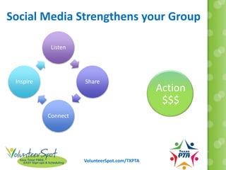 VolunteerSpot.com/TXPTA
Listen
Share
Connect
Inspire
Action
$$$
Social Media Strengthens your Group
 