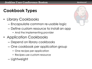 Jenkins User Conference Boston #jenkinsconf
Cookbook Types
• Library Cookbooks
– Encapsulate common re-usable logic
– Define custom resource to install an app
• And the implementing provider
• Application Cookbooks
– Depend on library cookbooks
– One cookbook per application group
• One recipe per application
• Recipes use custom resource
– Lightweight
 