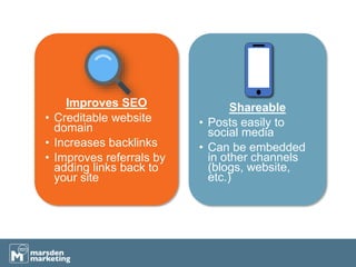 Shareable
• Posts easily to
social media
• Can be embedded
in other channels
(blogs, website,
etc.)
Improves SEO
• Creditable website
domain
• Increases backlinks
• Improves referrals by
adding links back to
your site
 