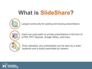 What is SlideShare?
Largest community for posting and sharing presentations.
Users can post public or private presentations in the form of
a PDF, PPT, Keynote, Google Slides, and more.
Once uploaded, your presentation can be seen by a wider
audience and is easily searchable by viewers.
 
