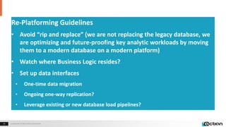 Confidential © 2014 Actian Corporation18 Confidential © 2015 Actian Corporation18
Re-Platforming Guidelines
• Avoid “rip and replace” (we are not replacing the legacy database, we
are optimizing and future-proofing key analytic workloads by moving
them to a modern database on a modern platform)
• Watch where Business Logic resides?
• Set up data interfaces
• One-time data migration
• Ongoing one-way replication?
• Leverage existing or new database load pipelines?
 