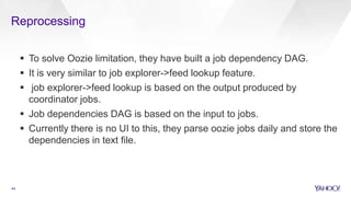 Reprocessing
44
 To solve Oozie limitation, they have built a job dependency DAG.
 It is very similar to job explorer->feed lookup feature.
 job explorer->feed lookup is based on the output produced by
coordinator jobs.
 Job dependencies DAG is based on the input to jobs.
 Currently there is no UI to this, they parse oozie jobs daily and store the
dependencies in text file.
 