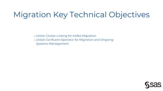 oUtilize Cluster Linking for Kafka Migration
oUtilize Confluent Operator for Migration and Ongoing
Systems Management
Migration Key Technical Objectives
 
