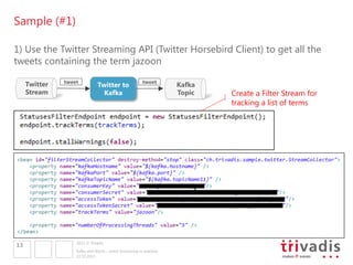 Sample (#1)
1) Use the Twitter Streaming API (Twitter Horsebird Client) to get all the
tweets containing the term jazoon
Twitter
Stream

13

tweet

Twitter to
Kafka

tweet

2013 © Trivadis
Kafka and Storm – event processing in realtime
22.10.2013

Kafka
Topic

Create a Filter Stream for
tracking a list of terms

 