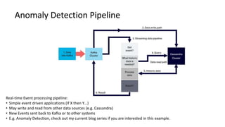 Anomaly Detection Pipeline
Real-time Event processing pipeline:
• Simple event driven applications (If X then Y…)
• May write and read from other data sources (e.g. Cassandra)
• New Events sent back to Kafka or to other systems
• E.g. Anomaly Detection, check out my current blog series if you are interested in this example.
 