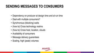 SENDING MESSAGES TO CONSUMERS
• Dependency on producer at design time and at run time
• Deal with multiple consumers?
• Synchronous (blocking) waits
• (how to) Cross technology realms
• (how to) Cross host, location, clouds
• Availability of consumers
• Message delivery guarantees
• Scaling, high (peak) volumes
 