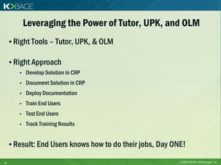 Leveraging the Power of Tutor, UPK, and OLM
     • Right Tools – Tutor, UPK, & OLM

     • Right Approach
        •   Develop Solution in CRP
        •   Document Solution in CRP
        •   Deploy Documentation
        •   Train End Users
        •   Test End Users
        •   Track Training Results


     • Result: End Users knows how to do their jobs, Day ONE!

14                                                         © 2009 KBACE Technologies, Inc.
 
