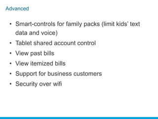 Advanced

  • Smart-controls for family packs (limit kids’ text
    data and voice)
  • Tablet shared account control
  • View past bills
  • View itemized bills
  • Support for business customers
  • Security over wifi



Elastic Path™
 