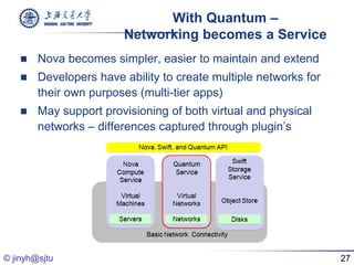 With Quantum –
                        Networking becomes a Service
       Nova becomes simpler, easier to maintain and extend
       Developers have ability to create multiple networks for
        their own purposes (multi-tier apps)
       May support provisioning of both virtual and physical
        networks – differences captured through plugin’s




© jinyh@sjtu                                                      27
 