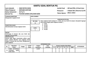 KARTU SOAL BENTUK PG
Jenis Sekolah
Mata Pelajaran
Bahan Kelas/smt
Bentuk Tes
:
:
:
:
SMK RISTEK KIKIN
MIPLBB & MITLBB
XII TL/ 5
PILIHAN GANDA (PG) DAN ISIAN
Jumlah Soal
Penyusun
Tahun Ajaran
: 30 Soal (PG), 10 Soal Isian
: I Made Wira Dharma S,S.Pd
: 2012 / 2013
STANDAR KOMPETENSI
Menganalisis rangkaian listrik
BUKU SUMBER :
NO. SOAL
14
KUNCI
E
RUMUSAN BUTIR SOAL
Pada rangkaian listrik terdapat R = 2 Ohm, dan arus listrik 9,5 ampere. Berapakah tegangan
listrik yang mengalir pada rangkaian tersebut ....
a. 6 Volt
b. 10 Volt
c. 12 Volt
d. 17 Volt
e. 19 Volt
KOMPETENSI DASAR
Mendeskripsikan konsep rangkaian listrik
MATERI
Perhitungan R konstan jika arus listrik dan
tegangan listrik berubah
INDIKATOR SOAL
Peserta didik dapat menentukan pilihan yang
benar, setelah diberikan soal rangkaian listrik
dengan R konstan dan arus listrik. Menghitung V
pada rangkaian.
KETERANGAN SOAL
No.
Digunakan
Untuk
Tanggal
Jumlah
Siswa
Tingkat
Kesukaran
Daya
Pembeda
Proporsi Jawaban Pada Pilihan
KETERANGAN
A B C D E OMIT
14
Ujian kompetensi
semester ganjil
2011-2012.
mudah
 