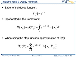 Thomas Gottron IRSS, Athens, 18.7.2014, 76Leveraging the Web of Data
Implementing a Decay Function
§  Exponential decay function:
§  Incoporated in the framework:
§  When using the step function approximation of c(Xt) :
f t( )= e−λt
Θ(Xtj
)−Θ(Xti
) = e
−λ tj −t( )
⋅c Xt( )
ti
tj
∫ dt
Θt1
tn
(X) = e
−λ tn−ti( )
⋅Δ Xti
, Xti−1
( )
i=2
n
∑
 