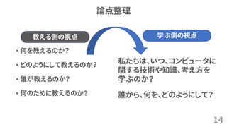 論点整理
• 何を教えるのか？
• どのようにして教えるのか？
• 誰が教えるのか？
• 何のために教えるのか？
14
教える側の視点
私たちは、いつ、コンピュータに
関する技術や知識、考え方を
学ぶのか？
学ぶ側の視点
誰から、何を、どのようにして？
 
