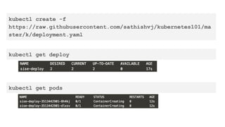 kubectl create -f
https://raw.githubusercontent.com/sathishvj/kubernetes101/ma
ster/k/deployment.yaml
kubectl get deploy
kubectl get pods
 