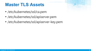 Copyright 2017 ITRI 工業技術研究院
Master TLS Assets
• /etc/kubernetes/ssl/ca.pem
• /etc/kubernetes/ssl/apiserver.pem
• /etc/kubernetes/ssl/apiserver-key.pem
16
 