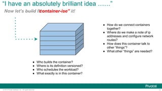11© 2016 Pivotal Software, Inc. All rights reserved.
“I have an absolutely brilliant idea ……”
Now let’s build it!
“I have an absolutely brilliant idea ……”
Now let’s build “container-ise” it!
●  Who builds the container?
●  Where is its definition versioned?
●  Who schedules the workload?
●  What exactly is in this container?
●  How do we connect containers
together?
●  Where do we make a note of ip
addresses and configure network
routes?
●  How does this container talk to
other “things”?
●  What other “things” are needed?
 