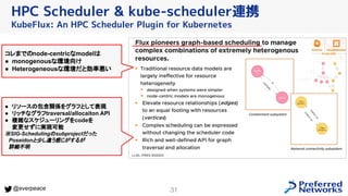 31
@everpeace
HPC Scheduler & kube-scheduler連携
KubeFlux: An HPC Scheduler Plugin for Kubernetes
コレまでのnode-centricなmodelは
● monogenousな環境向け
● Heterogeneousな環境だと効率悪い
● リソースの包含関係をグラフとして表現
● リッチなグラフtraversal/allocaiton API
● 複雑なスケジューリングをcodeを
変更せずに実現可能
※SIG-Schedulingのsubprojectだった
　Poseidonと少し違う感じがするが
　詳細不明
 