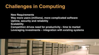 Challenges in Computing
New Requirements
Way more users (millions), more complicated software
Uptime, security and reliability
Scalability
Competition drives need for productivity - time to market
Leveraging investments – integration with existing systems
 