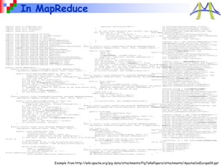 In MapReduce
import java.io.IOException;
import java.util.ArrayList;
import java.util.Iterator;
import java.util.List;
import org.apache.hadoop.fs.Path;
import org.apache.hadoop.io.LongWritable;
import org.apache.hadoop.io.Text;
import org.apache.hadoop.io.Writable;
i
mport org.apache.hadoop.io.WritableComparable;
import org.apache.hadoop.mapred.FileInputFormat;
import org.apache.hadoop.mapred.FileOutputFormat;
import org.apache.hadoop.mapred.JobConf;
import org.apache.hadoop.mapred.KeyValueTextInputFormat;
import org.a
pache.hadoop.mapred.Mapper;
import org.apache.hadoop.mapred.MapReduceBase;
import org.apache.hadoop.mapred.OutputCollector;
import org.apache.hadoop.mapred.RecordReader;
import org.apache.hadoop.mapred.Reducer;
import org.apache.hadoop.mapred.Reporter;
imp
ort org.apache.hadoop.mapred.SequenceFileInputFormat;
import org.apache.hadoop.mapred.SequenceFileOutputFormat;
import org.apache.hadoop.mapred.TextInputFormat;
import org.apache.hadoop.mapred.jobcontrol.Job;
import org.apache.hadoop.mapred.jobcontrol.JobC
ontrol;
import org.apache.hadoop.mapred.lib.IdentityMapper;
public class MRExample {
public static class LoadPages extends MapReduceBase
implements Mapper<LongWritable, Text, Text, Text> {
public void map(LongWritable k, Text val,
OutputCollector<Text, Text> oc,
Reporter reporter) throws IOException {
// Pull the key out
String line = val.toString();
int firstComma = line.indexOf(',');
String key = line.sub
string(0, firstComma);
String value = line.substring(firstComma + 1);
Text outKey = new Text(key);
// Prepend an index to the value so we know which file
// it came from.
Text outVal = new Text("1
" + value);
oc.collect(outKey, outVal);
}
}
public static class LoadAndFilterUsers extends MapReduceBase
implements Mapper<LongWritable, Text, Text, Text> {
public void map(LongWritable k, Text val,
OutputCollector<Text, Text> oc,
Reporter reporter) throws IOException {
// Pull the key out
String line = val.toString();
int firstComma = line.indexOf(',');
String value = line.substring(
firstComma + 1);
int age = Integer.parseInt(value);
if (age < 18 || age > 25) return;
String key = line.substring(0, firstComma);
Text outKey = new Text(key);
// Prepend an index to the value so w
e know which file
// it came from.
Text outVal = new Text("2" + value);
oc.collect(outKey, outVal);
}
}
public static class Join extends MapReduceBase
implements Reducer<Text, Text, Text, Text> {
public void reduce(Text key,
Iterator<Text> iter,
OutputCollector<Text, Text> oc,
Reporter reporter) throws IOException {
// For each value, figure out which file it's from and
store it
// accordingly.
List<String> first = new ArrayList<String>();
List<String> second = new ArrayList<String>();
while (iter.hasNext()) {
Text t = iter.next();
String value = t.to
String();
if (value.charAt(0) == '1')
first.add(value.substring(1));
else second.add(value.substring(1));
reporter.setStatus("OK");
}
// Do the cross product and collect the values
for (String s1 : first) {
for (String s2 : second) {
String outval = key + "," + s1 + "," + s2;
oc.collect(null, new Text(outval));
reporter.setStatus("OK");
}
}
}
}
public static class LoadJoined extends MapReduceBase
implements Mapper<Text, Text, Text, LongWritable> {
public void map(
Text k,
Text val,
OutputColle
ctor<Text, LongWritable> oc,
Reporter reporter) throws IOException {
// Find the url
String line = val.toString();
int firstComma = line.indexOf(',');
int secondComma = line.indexOf(',', first
Comma);
String key = line.substring(firstComma, secondComma);
// drop the rest of the record, I don't need it anymore,
// just pass a 1 for the combiner/reducer to sum instead.
Text outKey = new Text(key);
oc.collect(outKey, new LongWritable(1L));
}
}
public static class ReduceUrls extends MapReduceBase
implements Reducer<Text, LongWritable, WritableComparable,
Writable> {
public void reduce(
Text ke
y,
Iterator<LongWritable> iter,
OutputCollector<WritableComparable, Writable> oc,
Reporter reporter) throws IOException {
// Add up all the values we see
long sum = 0;
wh
ile (iter.hasNext()) {
sum += iter.next().get();
reporter.setStatus("OK");
}
oc.collect(key, new LongWritable(sum));
}
}
public static class LoadClicks extends MapReduceBase
i
mplements Mapper<WritableComparable, Writable, LongWritable,
Text> {
public void map(
WritableComparable key,
Writable val,
OutputCollector<LongWritable, Text> oc,
Reporter reporter)
throws IOException {
oc.collect((LongWritable)val, (Text)key);
}
}
public static class LimitClicks extends MapReduceBase
implements Reducer<LongWritable, Text, LongWritable, Text> {
int count = 0;
public
void reduce(
LongWritable key,
Iterator<Text> iter,
OutputCollector<LongWritable, Text> oc,
Reporter reporter) throws IOException {
// Only output the first 100 records
while (count
< 100 && iter.hasNext()) {
oc.collect(key, iter.next());
count++;
}
}
}
public static void main(String[] args) throws IOException {
JobConf lp = new JobConf(MRExample.class);
lp.se
tJobName("Load Pages");
lp.setInputFormat(TextInputFormat.class);
lp.setOutputKeyClass(Text.class);
lp.setOutputValueClass(Text.class);
lp.setMapperClass(LoadPages.class);
FileInputFormat.addInputPath(lp, new
Path("/
user/gates/pages"));
FileOutputFormat.setOutputPath(lp,
new Path("/user/gates/tmp/indexed_pages
lp.setNumReduceTasks(0);
Job loadPages = new Job(lp);
JobConf lfu = new JobConf(MRExample.class);
lfu.s
etJobName("Load and Filter Users");
lfu.setInputFormat(TextInputFormat.class);
lfu.setOutputKeyClass(Text.class);
lfu.setOutputValueClass(Text.class);
lfu.setMapperClass(LoadAndFilterUsers.class
FileInputFormat.add
InputPath(lfu, new
Path("/user/gates/users"));
FileOutputFormat.setOutputPath(lfu,
new Path("/user/gates/tmp/filtered_user
lfu.setNumReduceTasks(0);
Job loadUsers = new Job(lfu);
JobConf join = new JobConf(
MRExample.class);
join.setJobName("Join Users and Pages");
join.setInputFormat(KeyValueTextInputFormat
join.setOutputKeyClass(Text.class);
join.setOutputValueClass(Text.class);
join.setMapperClass(IdentityMap
per.class);
join.setReducerClass(Join.class);
FileInputFormat.addInputPath(join, new
Path("/user/gates/tmp/indexed_pages"));
FileInputFormat.addInputPath(join, new
Path("/user/gates/tmp/filtered_users"));
FileOutputFormat.se
tOutputPath(join, new
Path("/user/gates/tmp/joined"));
join.setNumReduceTasks(50);
Job joinJob = new Job(join);
joinJob.addDependingJob(loadPages);
joinJob.addDependingJob(loadUsers);
JobConf group = new JobConf(MRE
xample.class);
group.setJobName("Group URLs");
group.setInputFormat(KeyValueTextInputForma
group.setOutputKeyClass(Text.class);
group.setOutputValueClass(LongWritable.clas
group.setOutputFormat(SequenceFi
leOutputFormat.class);
group.setMapperClass(LoadJoined.class);
group.setCombinerClass(ReduceUrls.class);
group.setReducerClass(ReduceUrls.class);
FileInputFormat.addInputPath(group, new
Path("/user/gates/tmp/joined"));
FileOutputFormat.setOutputPath(group, new
Path("/user/gates/tmp/grouped"));
group.setNumReduceTasks(50);
Job groupJob = new Job(group);
groupJob.addDependingJob(joinJob);
JobConf top100 = new JobConf(MRExample.clas
top100.setJobName("Top 100 sites");
top100.setInputFormat(SequenceFileInputForm
top100.setOutputKeyClass(LongWritable.class
top100.setOutputValueClass(Text.class);
top100.setOutputFormat(SequenceFileOutputF
ormat.class);
top100.setMapperClass(LoadClicks.class);
top100.setCombinerClass(LimitClicks.class);
top100.setReducerClass(LimitClicks.class);
FileInputFormat.addInputPath(top100, new
Path("/user/gates/tmp/grouped"));
FileOutputFormat.setOutputPath(top100, new
Path("/user/gates/top100sitesforusers18to25"));
top100.setNumReduceTasks(1);
Job limit = new Job(top100);
limit.addDependingJob(groupJob);
JobControl jc = new JobControl("Find top
100 sites for use
18 to 25");
jc.addJob(loadPages);
jc.addJob(loadUsers);
jc.addJob(joinJob);
jc.addJob(groupJob);
jc.addJob(limit);
jc.run();
}
}
Example from http://wiki.apache.org/pig-data/attachments/PigTalksPapers/attachments/ApacheConEurope09.ppt
 
