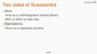 @chbatey
Two sides of Scassandra
• Java
-Acts as a unit/integration testing library
-90% of effort on this side
• Standalone
-Runs as a separate process
 