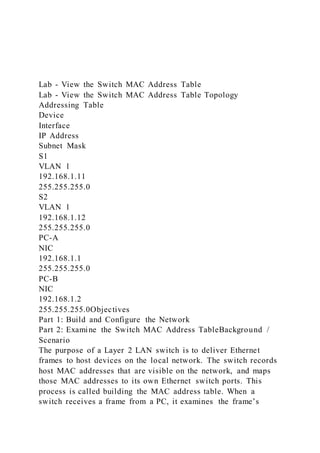 Lab - View the Switch MAC Address Table
Lab - View the Switch MAC Address Table Topology
Addressing Table
Device
Interface
IP Address
Subnet Mask
S1
VLAN 1
192.168.1.11
255.255.255.0
S2
VLAN 1
192.168.1.12
255.255.255.0
PC-A
NIC
192.168.1.1
255.255.255.0
PC-B
NIC
192.168.1.2
255.255.255.0Objectives
Part 1: Build and Configure the Network
Part 2: Examine the Switch MAC Address TableBackground /
Scenario
The purpose of a Layer 2 LAN switch is to deliver Ethernet
frames to host devices on the local network. The switch records
host MAC addresses that are visible on the network, and maps
those MAC addresses to its own Ethernet switch ports. This
process is called building the MAC address table. When a
switch receives a frame from a PC, it examines the frame’s
 