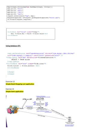 Using database JSTL




Excercise 12
Simple Book Shopping cart application

Exercise 13
Simple bank application
 
