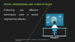 Following are different
techniques used in social
engineering attacks –
11-4-21 43
SOCIAL ENGINEERING AND CYBER ATTACKS
MASTER IN INFORMATION TECHNOLOGY – NONESCOST - SOCIAL RESPONSIBILITY OF IT
PROFESSIONAL
 