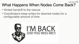 What Happens When Nodes Come Back?
• Hinted handoff to the rescue
• Coordinators keep writes for downed nodes for a
configurable amount of time
 