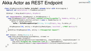 class HttpReceiverActor(kafka: ActorRef) extends Actor with ActorLogging {
implicit val materializer = FlowMaterializer()
IO(Http) ! Http.Bind(HttpHost, HttpPort) 
 
val requestHandler: HttpRequest => HttpResponse = { 
case HttpRequest(POST, Uri.Path("/weather/v1/hourly-weather"), headers, entity, _) => 
HttpSource(headers,entity).collect { case s: HeaderSource =>
for(s <- source.extract)
kafka ! KafkaMessageEnvelope[String, String](topic, key, fs.data:_*) 
HttpResponse(200, entity = HttpEntity(MediaTypes.`text/html`, s"POST $entity")) 
}
getOrElse HttpResponse(404, entity = s"Unsupported request")
}
 
def receive : Actor.Receive = { 
case Http.ServerBinding(localAddress, stream) =>
Source(stream).foreach({ 
case Http.IncomingConnection(remoteAddress, requestProducer, responseConsumer) => 
log.info("Accepted new connection from {}.", remoteAddress) 
Source(requestProducer).map(requestHandler).to(Sink(responseConsumer)).run() 
})
}}
Akka Actor as REST Endpoint
 
