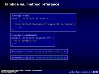 lambda vs. method reference

// package java.util
public interface Stream<T> ... {
...
void forEach(Consumer<? super T> consumer);
...
}
// package java.uti.function
public interface Consumer<T> {
void accept(T t)
…
}
accounts.forEach(a -> a.addInterest());
accounts.forEach(Account::addInterest);

© Copyright 2003-2013 by Angelika Langer & Klaus Kreft. All Rights Reserved.
http://www.AngelikaLanger.com/
last update: 12/6/2013,11:26

Lambda Expressions in Java

(25)

 
