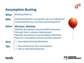 tools Assumption Busting What Breaking Patterns Why Understanding the assumptions you are making and misconceptions you may have and testing them. When discover, develop Identify perceptions around problem discovery Uncover bias in solution development Identify assumptions around problem definition Discover assumptions around solution selection How Assumption Busting Worksheet Tips You will discover more assumptions Get an external perspective 