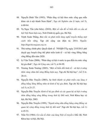 163
88. Nguy n ình T n (1993), “Phân t ng xã h i theo m c s ng qua m u
kh o sát n i thành Nam nh”, T p chí Nghiên c u lý lu n, (s 3),
tr.60-64.
89. T Ng c T n (ch biên), (2010), M t s v n v bi n i cơ c u xã
h i Vi t Nam hi n nay, Nxb Chính tr qu c gia. Hà N i.
90. Tr nh Xuân Th ng, B o t n và phát tri n làng ngh truy n th ng m t
cách b n v ng, T p chí c ng s n i n t , 2014. Ngu n:
http://tapchicongsan.org.vn
91. Th tư ng chính ph : Quy t nh s 795/Q -TTg ngày 23/5/2013 phê
duy t quy ho ch t ng th phát tri n kinh t - xã h i vùng ng b ng
sông H ng n năm 2020.
92. Lê Văn Toàn (2008), “Phân t ng xã h i nư c ta qua i u tra m c s ng
h gia ình”, T p chí C ng s n, (s 7), tr.94-99.
93. Trương Xuân Trư ng (2003), “M t s bi n i kinh t - xã h i nông
thôn vùng châu th sông H ng hi n nay, T p chí Xã h i h c”, (s 3) tr.
28-41.
94. Nguy n c Truy n (2003), S hình thành và phát tri n c a làng
ng b ng Sông H ng nhìn t kinh t h gia ình, T p chí Xã h i h c
(s 3), tr.21-27.
95. Nguy n c Truy n: Kinh t h gia ình và các quan h xã h i nông
thôn ng b ng sông H ng trong th i kỳ i m i, Nxb Khoa h c xã
h i, Hà N i, 2003.
96. Nguy n c Truy n (1999), “Ngư i nông dân ng b ng sông H ng và
quan h c ng ng trong th i kỳ i m i”,T p chí Xã h i h c, (s 1)
tr.45-51.
97. Tr n T (1984). Cơ c u t ch c c a làng Vi t c truy n B c B . Nxb
Khoa h c xã h i, Hà N i.
 
