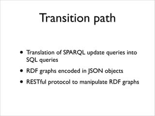 Transition path

• Translation of SPARQL update queries into
  SQL queries
• RDF graphs encoded in JSON objects
• RESTful protocol to manipulate RDF graphs
 